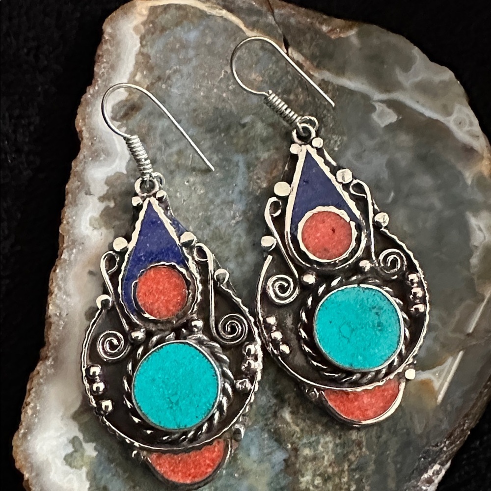 Artisan Handcrafted Jewelry Gold-Tone Turquoise & Coral Teardrop Earrings